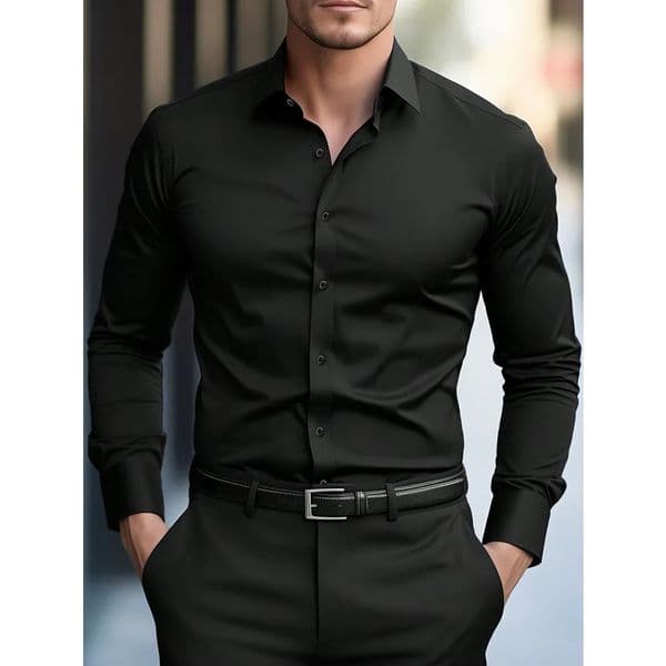 FGKKS Men Casual White Shirt Fashion Solid Color Long Sleeve Elastic Fabric Male Business Dress Shirt 260421