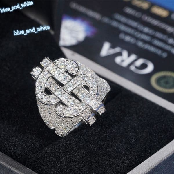 Plated 925 Sterling Silver Jewelry Iced Out Dollar Rings Hip Round Brilliant Moissanite Rings for Men and Women