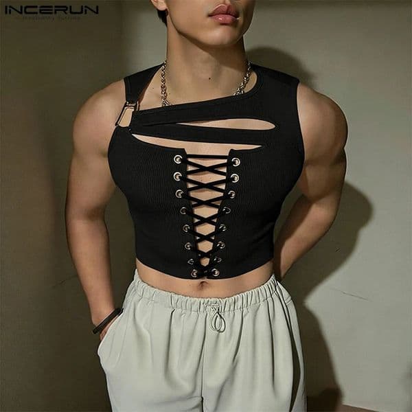 INCERUN Men Tank Tops Knitted Hollow Out Sleeveless Sexy Drawstring Male Vests Summer Streetwear 2026 Fashion Crop Tops Men 260422