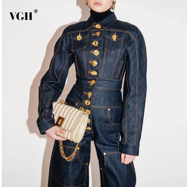 VGH Solid Spliced Button Loose Denim Two Piece Sets For Women Lapel Long Sleeve Top High Waist Pants Chic Set Female Fashion 260421
