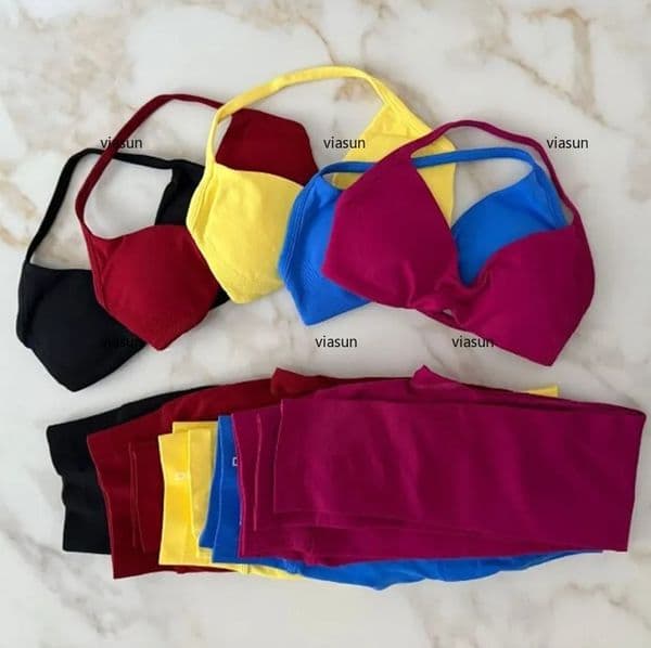 Women 2PCS Designer DF Gym Set Seamless Backless Strappy Yoga Bra High Waist Workout Scrunch Pants Leggings Fitness Sports Suit DFyoga Clothes viasun