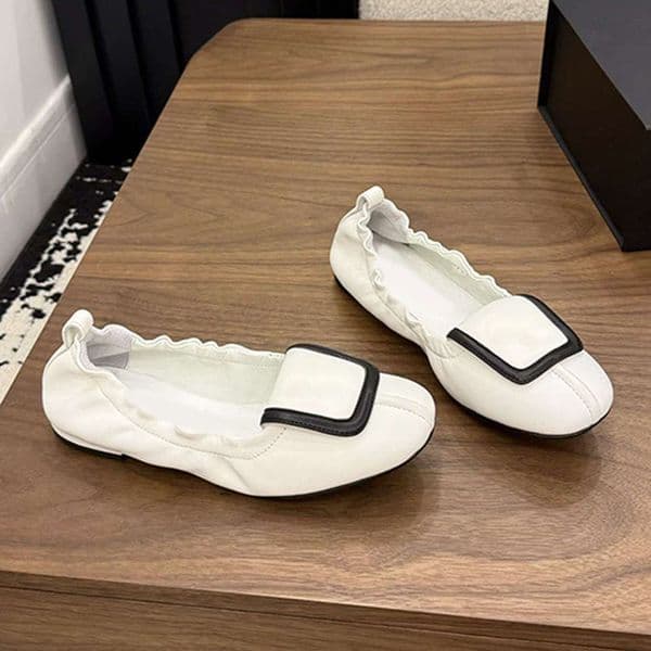 Women Premium Soft Leather Foldable Ballet Flats Elegant Square Buckle Slip Shoes Ruffled Edge Design Comfortable Lightweight Daily Dress Footwear