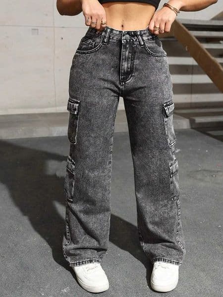 Washed Irregular Jeans Womens Multi Pocket Versatile Cargo Pants Fashionable Mid Waist Youth High Strt Straight Leg Pants L260421