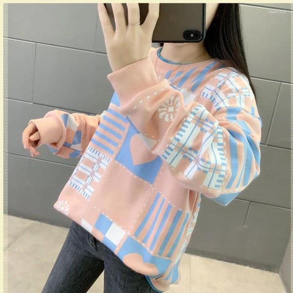 Women's Hoodies Spring Autumn Contrast Color Pullover Round Neck Geometric Printing Lantern Long Sleeve Office Lady Screw Thread Tops