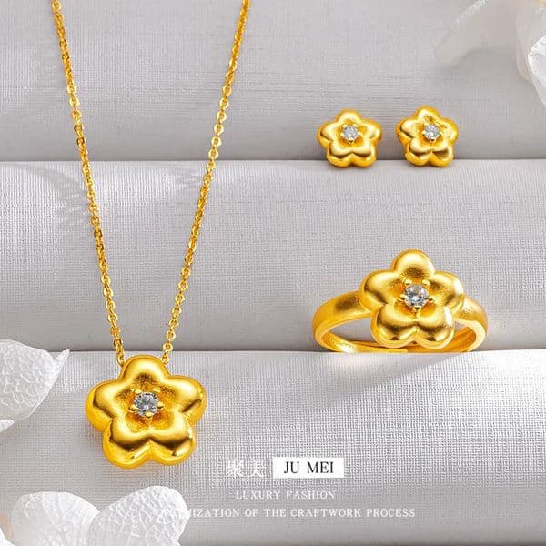 Flower Ring Earring Necklace Set for Women 24K Gold AU999 Minimalist Jewelry with Gradient Pink Enamel Petals 260423