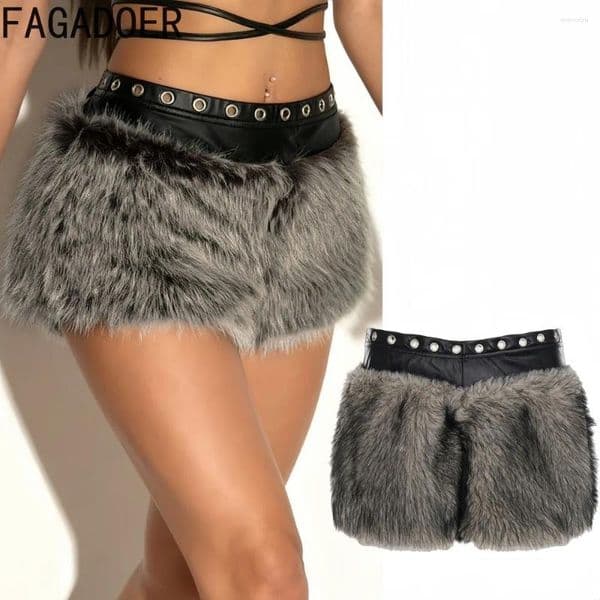 Women's Pants FAGADOER Winter Fashion Fur Leather Patchwork Bodycon Shorts Women Solid Color Hollow-out Low Waist Female Streetwear