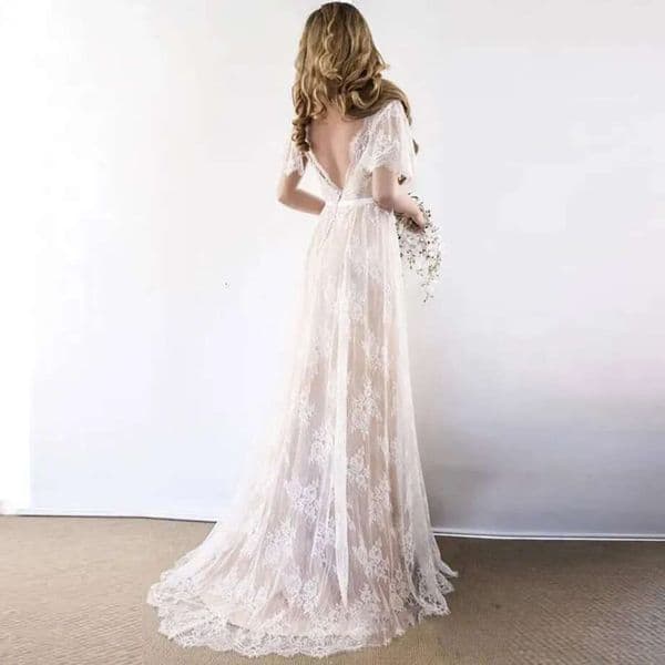 Boho Wedding V Neck Lace Cap Sleeve Beach Gown - Backless Custom Made Bride Dress BM1636