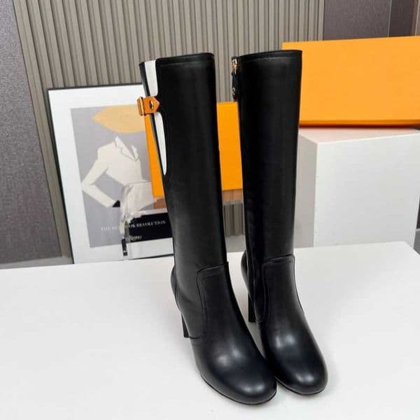 Luxury Designer Women Knee High Leather Boots Round Toe Chunky Block Heel Contrast Buckle Strap Side Zipper Elegant Fall Winter Casual Dress Tall Boots