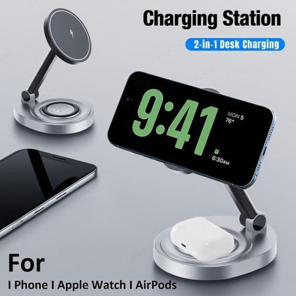 Magnetic 2 In 1 Wireless Charger Stand Pad Fast Charging Station Dock For iPhone 15 14 13 12 Pro Max iWatch 8 7 6 Airpods Phone Holder Stand