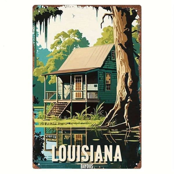 Louisiana Bayous Vintage Metal Sign Art , Iron Wall Decor, Pre-Drilled, Weatherproof - 26Y0423