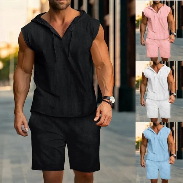 Mens summer casual hooded outfit comfortable and fashionable mens beach set solidcolor twopiece 260422