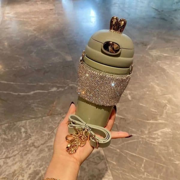 Designer Cup 480Ml coffee mug Straight Luxury Rhinestone Stainless Steel Vacuum Insulated Cup With Chain Water Bottles Tumblers Thermos Bottle Gifts Tea 1 7 4