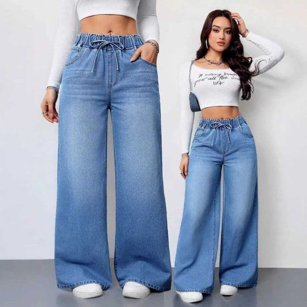 2026 New Women High Waist Drawstring Elastic Waist Washed Solid Color Wide Leg Long Pants Straight Loose Slimming Denim Pants L260421