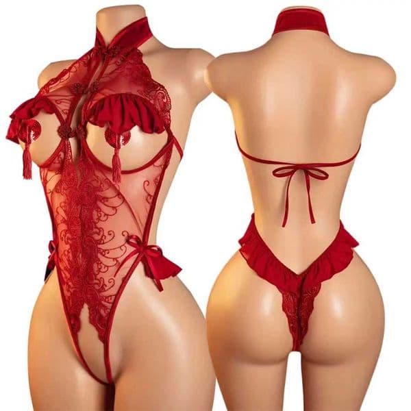 Plus Size S M L XL 2XL 3XL Lace Underwear Erotic Open Bra With 1 Pair Sex Milk Patch Women Bodysuit Deep V Sexy LingerieL260422