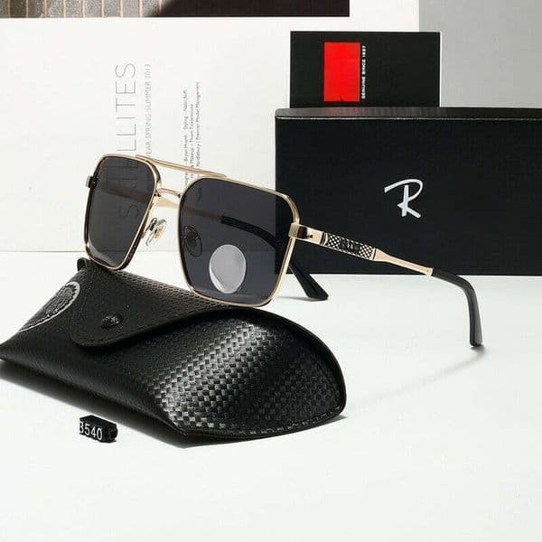 Luxury Double Bridge Square Sunglasses Gold Plated Metal Frame with Diamond Grid Engrave Detail Polarized Dark Grey Lens UV400 Protection