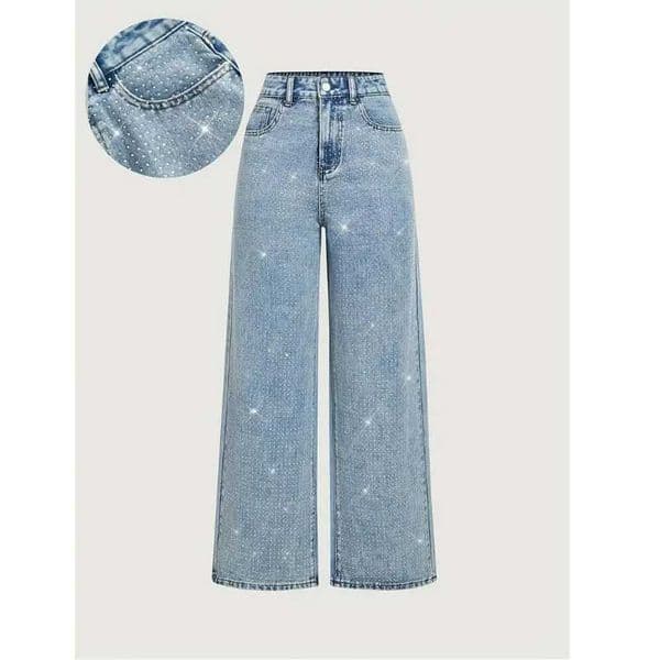 Women Diamonds Spliced Jeans Elegant Casual Midi Waist Denim Pants Solid Pockets Button Pant Washed Slight Strech Autumn Winter L260421