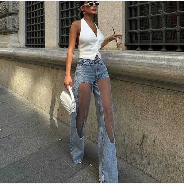 2025 Designer Womens Jeans Pant Blue Denim with Shr Mesh Kn Panels Hip Hop Style Distressed High Waist Strtwear Trousers L260421