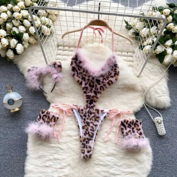 Women Leopard Print Velour Bodysuits Fashion One Piece Combination Halter Vintage Bodycon Sexy Onesie Lingerie Comfortable NewL260422