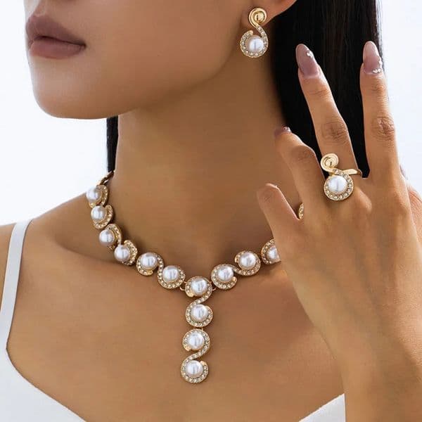 Pearl Necklace Earring Ring Set for Women Fashion Jewelry Accessories Party Gift 2025 Style 260423