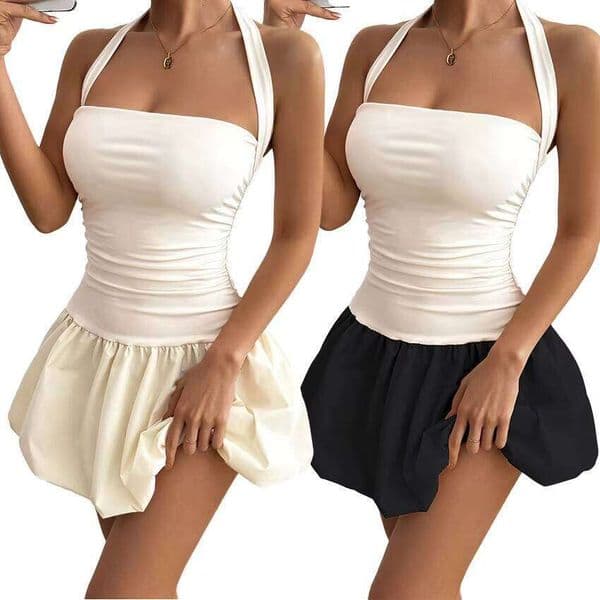 French Sexy Halter Back Lace-Up Slim Mini Ruched Women Sweet Puffed Hem Dress