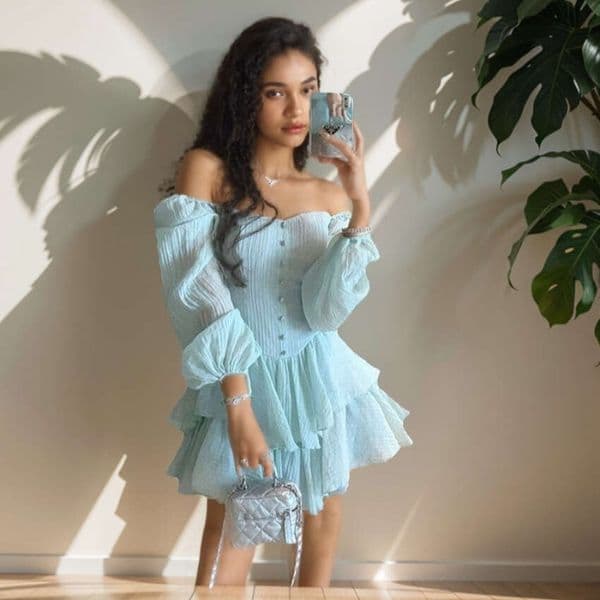 European and American Women's Early Autumn New Fashion First Love Solid Color Puff Sleeve Slim Chiffon French Cake Dress