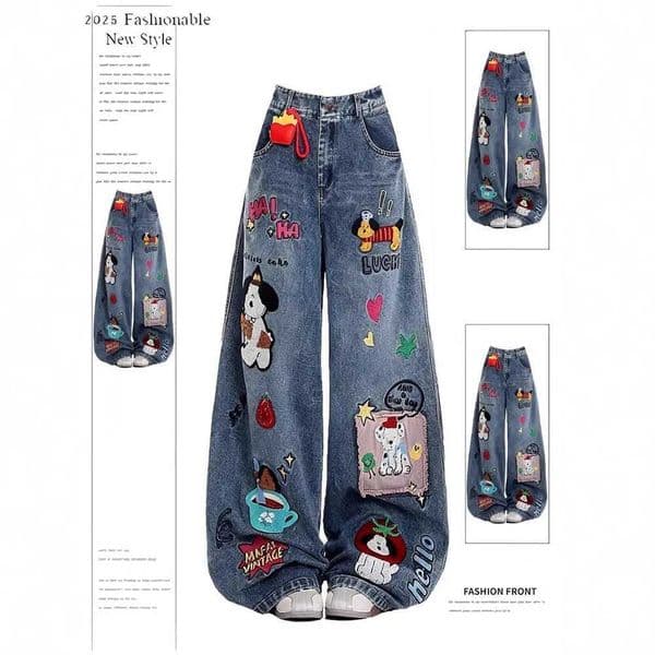 Womens Y2K Baggy Jeans Cartoon Embroidery Loose Wide Leg Denim Pants Korean Harajuku Japanese Strtwear High Waist Cowboy Style L260421