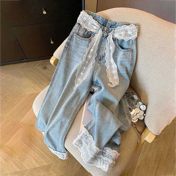 Womens Lace Splicing Straight Jeans Sutumn New High Waist Loose Wide Leg Pants Korean Versatile Blue Denim Trousers L260421