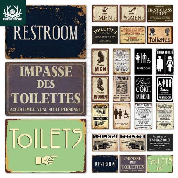 Putuo Decor Toilet Sign Plaque Metal Vintage Bathroom Retro Tin Signs Wall Art Plate for Home Restroom House Iron Painting 26Y0423