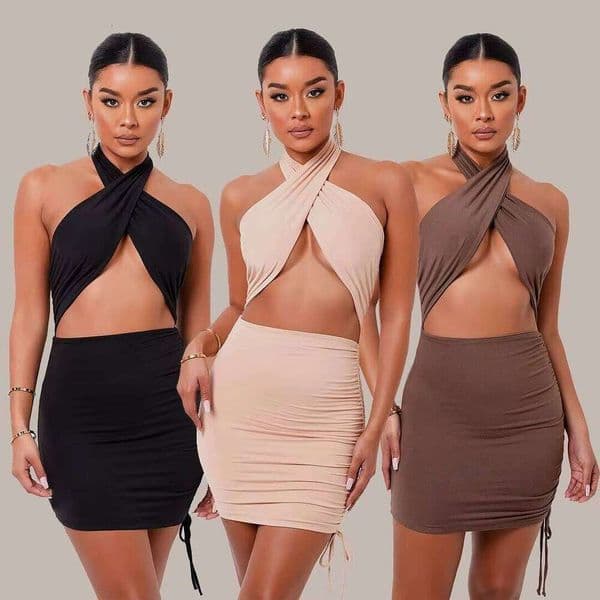 Summer Casual Cross-Border European American Women's Sexy Strap Neck Nightclub Dress Front Logo Natural