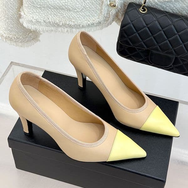 26ss Designer Ladies Color Blocking High Heels Pointed Tip Stiletto Heel Single Shoe Womens Commuter Shoes Leather Outsole