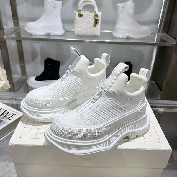 luxury Summer High-quality Men's and women's Genuine Leather thick sole Casual shoes Designer smooth leather and stretch fabric hidden zipper Platform white sneaker