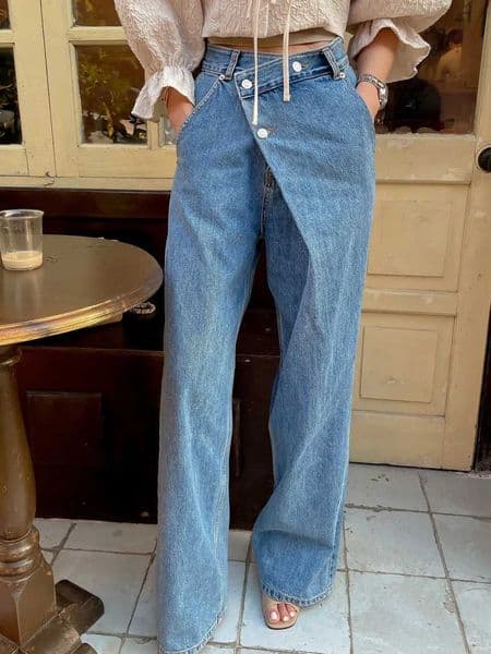 SML 2025 Spring Autumn women High Waist Wide Leg jeans strtwear trousers Irregular Waist Blue denim pants womens XH6230 L260421