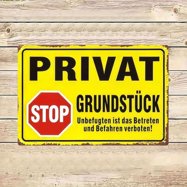 Private Property" Metal Sign - German Text Warning Sign, Rustic Yellow & Red Retro Farmhouse Decor, No Entry/Passage Required 26Y0423
