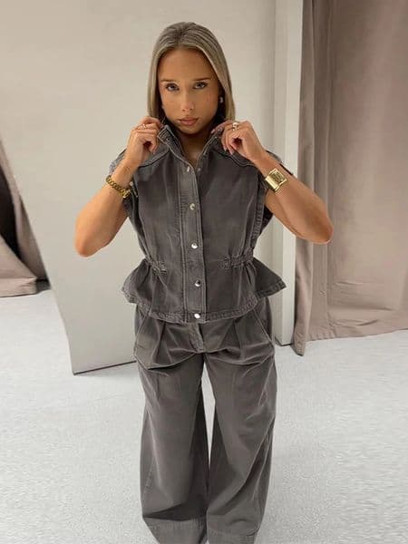 Denim Vest Loose Long Pants Woman Set High Neck Single Breasted Waist Cinched Tops Trousers Chic Casual Lady Sets 260421
