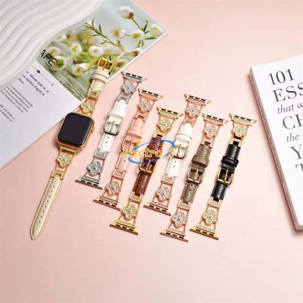 Bamboo joint Leather Bands for Apple Watch Band 38 40 41 42 44 45 46 49 mm Bling Clover Strap Wristband for iWatch Series S11 S10 9 8 7 Ultra 2 3 smartwatch Diamond Watchband