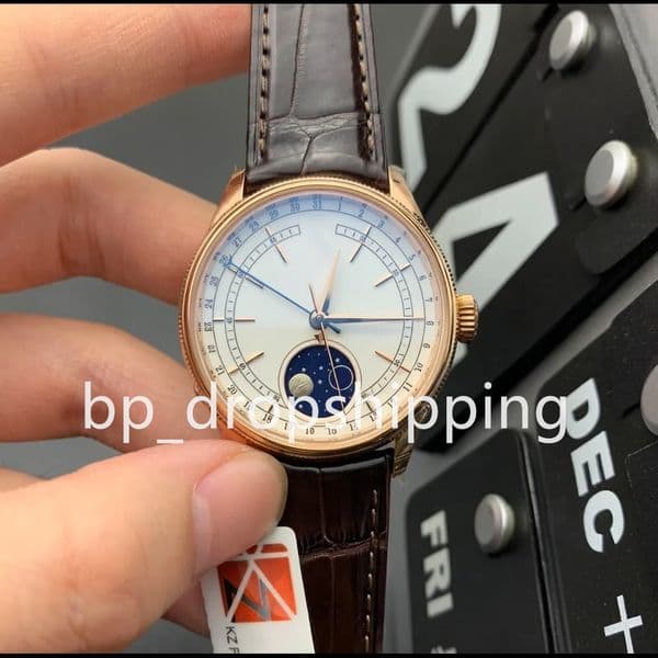 KZ Factory Watches 39MM Men's Watch Automatic Movement KZf Brown Leather Strap Chocolate Moon Phase Function Calendar Sapphire Super Clone Mans Wristwatches
