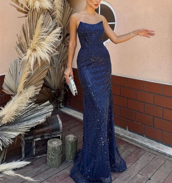 Sparkly Navy Blue Prom Formal Dress 2026 Strapless Beads Sequins Mermaid Floor Length Evening Pageant Party Dresses Birthday Gowns Robes De Soiree