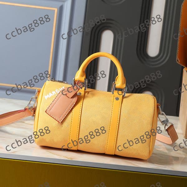 Women Design Old Flower Keepall 25 Shoulder Bag With Portable Top Toron Handle Clutch Tote Pillow Zipper Pouch Silver Metal Leather Strap Crossbody Handbag 25X15CM