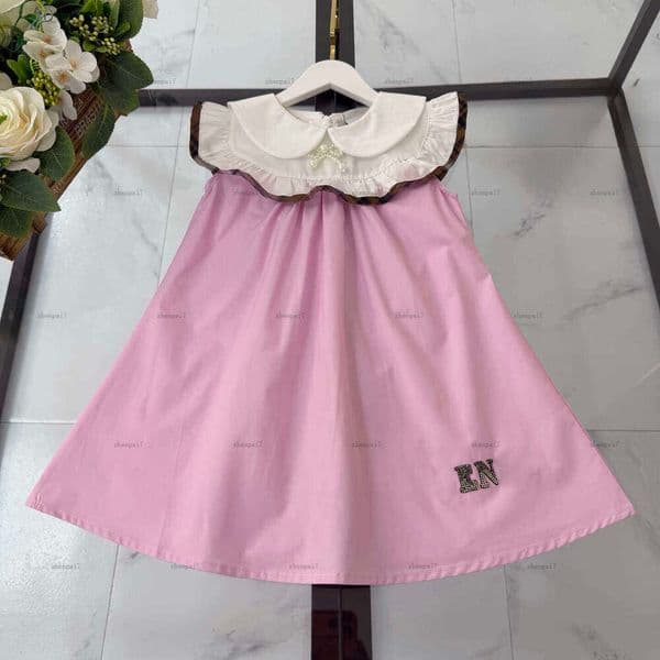 Fashion girls dress lapel Princess dress kids designer clothes Summer Pearl button decoration partydress baby skirt A013X01N319