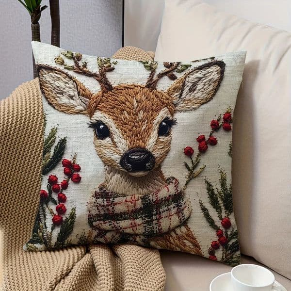 Pillow Case Charming Christmas Reindeer 18x18 Inch Throw Pillow Cover Soft Short Plush with Zipper Closure for Bedroom Living Room Decor 260420