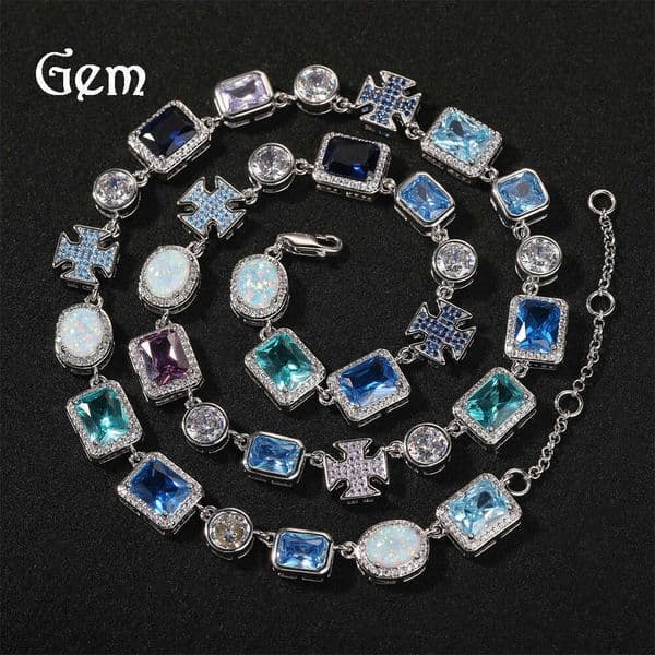 HIPHOP hip-hop cross-border new fashion fresh blue geometric colored zircon necklace and bracelet wholesale