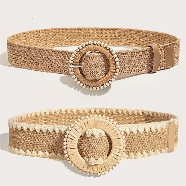 1pc Women Round Buckle Boho Straw Belt For Beach Ellipse Bead Decor Bohemian Woven Holiday 260422