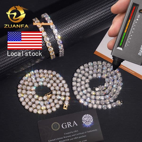 USA Stocks 65mm D Color VVS Moissanite Tennis Chain Necklace 925 Sterling Silver Iced Out Hip Hop Jewelry