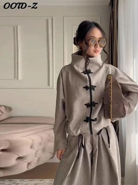 Casual Decor Coats Pant Set Women Full Sleeve Button Zippers Top Loose Long Pants Sets Female 2026 Spring Lady Suits Fashion 260421