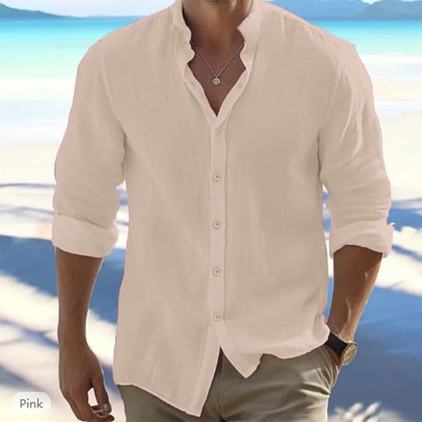 Cotton Linen Mens Long-Sleeved Shirts Summer Solid Color Stand-Up Collar Casual Beach Style Plus Size 260421