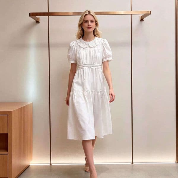 Spring and summer FC new sweet knitted doll collar designer patch white countryside D19 style bubble sleeve long skirt