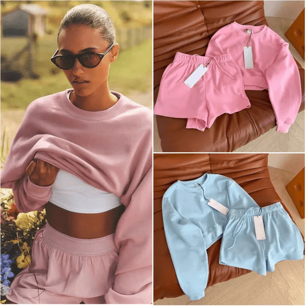 Designer Yoga Set Cropped Sweatshirts+Shorts Crew Neck Pullover Womens Short Tracksuit Studio to street Weekend City Jogger Sportswear with Chrome Logo