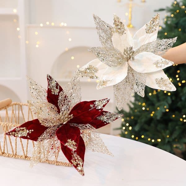 29CM Sequin Artificial Christmas Flower Decor DIY Christmas Wreath Christmas Tree Ornament Decoration