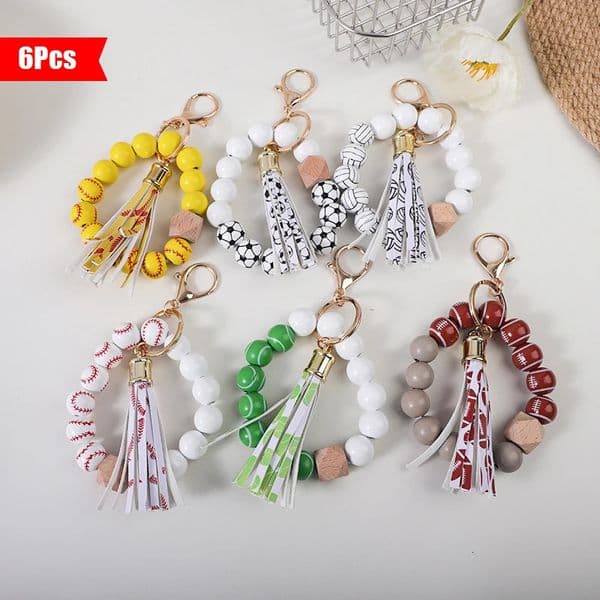 6pcs/set sports-style ball-print beaded wrist key rings baseball rugby soccer volleyball beaded keychains perfect gift for 260422