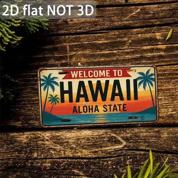 2D Flat, 1pc Vintage Hawaiian Aloha State License Plate Sign - Tropical Hawaii Wall Decor with Palm Trees Sunset 26Y0423